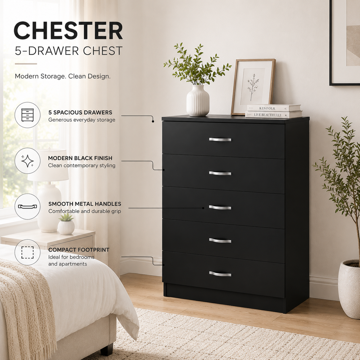 Chester 5-Drawer Chest – Classic Bedroom Storage Unit – Multiple Colou ...